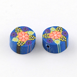 Ручной работы плоские круглые с цветком из полимерной глины шариков, королевский синий, 10~11x4~5 мм, отверстие : 1 мм
