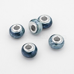 Rondelle Handmade Porcelain Large Hole European Beads, with Platinum Plated Brass Double Cores, Prussian Blue, 15x10mm, Hole: 5mm