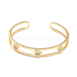 Cubic Zirconia Hamsa Hand with Evil Eye Open Cuff Bangle with Enamel, Real 18K Gold Plated Brass Jewelry for Women, Cadmium Free & Lead Free, Colorful, Inner Diameter: 2-3/8 inch(5.9cm)