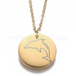 Ion Plating(IP) 304 Stainless Steel Pendant Necklaces, with Lobster Claw Clasps, Flat Round with Dolphin, Real 18K Gold Plated, 17-1/2 inch(44.5cm)