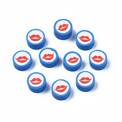 Abalorios de arcilla polimérica hechos a mano, plano redondo con boca, azul real, 9.5~10x4~4.5mm, agujero: 1.6 mm