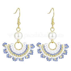 Éventail en perles de verre avec boucles d'oreilles pendantes en perles d'imitation, bijoux en acier inoxydable doré 304 pour femme, bleu royal, 51mm, pin: 0.8 mm
