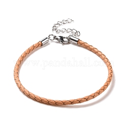 Braided Leather Cord Bracelet Making, with 304 Stainless Steel Lobster Claw Clasps and Extension Chain, Stainless Steel Color, Sandy Brown, 8-1/2 inch(21.5cm), 3mm