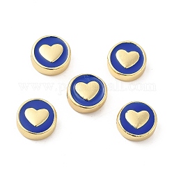 Vere perle smaltate in ottone placcato oro 18k, piatta e rotonda con il cuore, blu, 11x4.5mm, Foro: 2 mm