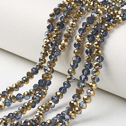 Chapelets de perles en verre transparent électrolytique, la moitié plaqué or, facette, rondelle, bleu acier, 6x5mm, Trou: 1mm, Environ 85~88 pcs/chapelet, 16.1~16.5 pouce (41~42 cm)