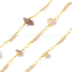 Catene di collegamento in ottone, con vetro e perle di quarzo rutilato e rocchetto, senza saldatura, oro, 16~17x2.5~13x2.5~7mm