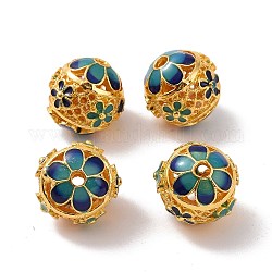 Perles en alliage creux, avec l'émail, ronde avec des fleurs, couleur or mat, bleu, 14mm, Trou: 2mm