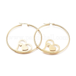 Pendientes de aro de 304 acero inoxidable, forma de anillo con corazón, dorado, 12 calibre, 53x58x2mm, pin: 1x0.5 mm