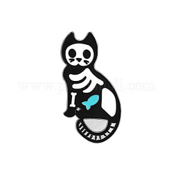 Halloween Themed Skeleton Safety Brooch Pin, Alloy Enamel Badge for Suit Shirt Collar, Cat Shape, 32x18mm