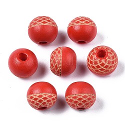 Perle di legno naturale verniciate, motivo inciso al laser, tondo, rosso, 10x9mm, Foro: 2.5 mm