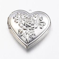 Pendentifs de médaillon en laiton, coeur avec rose, couleur argentée, 29x29x7.5mm, Trou: 2mm