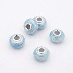 Rondelle Handmade Porcelain Large Hole European Beads, with Platinum Plated Brass Double Cores, Light Sky Blue, 15x10mm, Hole: 5mm