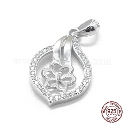 Rhodium Plated 925 Sterling Silver Pendant Bails, with Cubic Zirconia, For Half Drilled Beads, Flower, Clear, Platinum, 20x13x2mm, Hole: 4.5x3mm, Pin: 0.8mm, Tray: 6.5mm