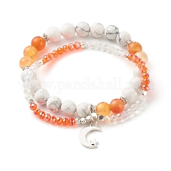 Mehrreihiges Armband mit Mond- und Sternanhänger, Armband mit runden Perlen aus natürlichem Howlith und Karneol, funkelndes Glasperlenarmband für Mädchenfrauen, Innendurchmesser: 2-1/8 Zoll (5.4 cm)