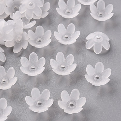 Frosted Acrylic Bead Caps, 6-Petal, Flower, White, 14x6mm, Hole: 2mm, about 1660pcs/500g