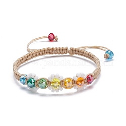 Bracelet de perles tressées en forme de fleur, Bracelet réglable en perles de verre bling pour femme, colorées, diamètre intérieur: 2-3/8~3-3/4 pouce (6~9.4 cm)