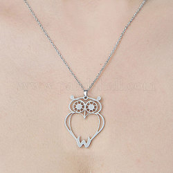 201 Stainless Steel Hollow Owl Pendant Necklace, Stainless Steel Color, 17.72 inch(45cm)