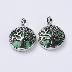 Dyed Synthetic Malachite Pendants, with Platinum Plated Brass Findings, Flat Round with Tree of Life, 31x27x8mm, Hole: 3.5x7mm