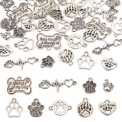 Kit de recherche de fabrication de bijoux de bricolage, comprenant des pendentifs et des connecteurs en alliage de zinc de style tibétain, empreinte de patte de chien et forme de coeur et d'os, argent antique, 11.5~19.6x10~34x1.5~3mm, Trou: 1.4~3mm, 36 pcs / boîte