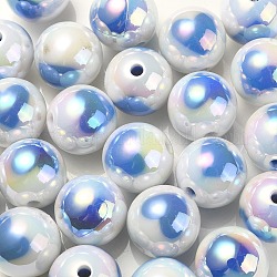 Placcatura uv perline acriliche iridescenti arcobaleno, rotondo con disegno cuore, blu fiordaliso, 16x15mm, Foro: 3 mm