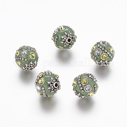 Handmade Indonesia Beads, with Alloy Cores, Round, Antique Silver, Dark Sea Green, 15x14x14mm, Hole: 2mm