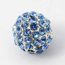 Perles de strass en alliage, Grade a, ronde, couleur argentée, saphir clair, 10mm, Trou: 2mm