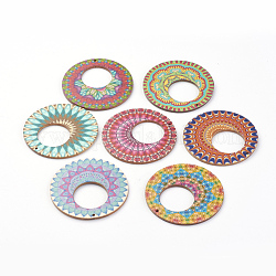 Gros pendentifs en bois imprimés, plat et circulaire avec motif, couleur mixte, 60x2.5mm, Trou: 1mm