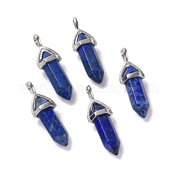 Naturales lapis lazuli colgantes, facetados, con fornituras de latón de tono platino, sin plomo y el cadmio, teñido, bala, 27~30x9~10x7~8mm, agujero: 4x3 mm