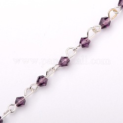 Chaînes de perles de verre bicone manuelles pour fabrication de bracelets et colliers, avec épingle à oeil en fer, non soudée, couleur argentée, violet, 39.3 pouce
