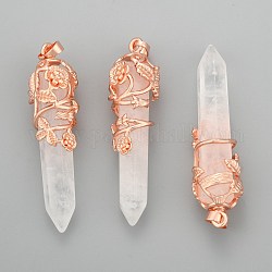 Pendentifs pointus en cristal de quartz naturel, pendentifs en cristal de roche, avec les accessoires en laiton, balle, or rose, 57~60x16mm, Trou: 8x5mm