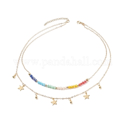 Doppellagige Halskette mit Sternanhängern aus Messing mit bunten Glasperlen für Frauen, golden, 15.75 Zoll (40 cm)