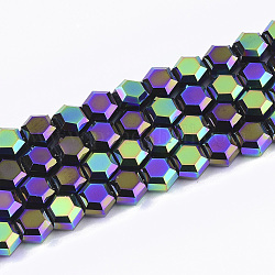 Chapelets de perles en verre électroplaqué, facette, hexagone, bleu violet, 5x6x4mm, Trou: 1mm, Environ 100 pcs/chapelet, 20.4 pouce