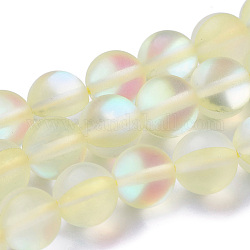 Chapelets de perles en pierre de lune synthétique, perles holographiques, demi couleur ab plaqué, mat, ronde, jaune clair, 8mm, Trou: 1mm, Environ 46 pcs/chapelet, 15 pouce