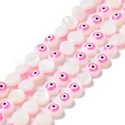 Brins de perles en émail de coquille d'eau douce naturelle, rond et plat avec des mauvais œil, rose chaud, 6x3mm, Trou: 0.5mm, Environ 62~65 pcs/chapelet, 14.37''~14.96'' (36.5~38 cm)