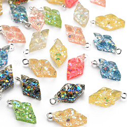 Epoxy Resin Pendants, with Sequins/Paillette and Platinum Plated Iron Loop, Rhombus, Mixed Color, 21~22x10x6.5mm, Hole: 2mm, Side Length: 9mm