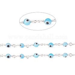 3.28 Feet Handmade Evil Eye Lampwork Round Beaded Chains, with Brass Findings, Unwelded, Long-Lasting Plated, Silver, Light Sky Blue, 12.5x2.8x4x1.5mm, Beads: 4mm