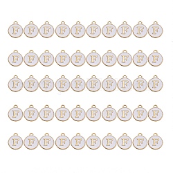 Charms aus vergoldeter Legierung, mit Emaille, emaillierte Pailletten, Flachrund, weiß, Buchstabe f, 14x12x2 mm, Bohrung: 1.5 mm, 50 Stück / Karton