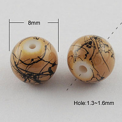 Drawbench Glass Bead Strands, Round, Camel, 8mm, Hole: 1.3~1.6mm, about 100pcs/strand, 31.4 inch