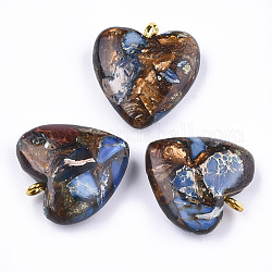 Pendenti assemblati di bronzite e diaspro imperiale, con accessori di ferro, cuore, oro, 20~22x19~20x5~7mm, Foro: 2 mm