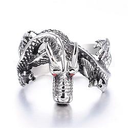 316 Surgical Stainless Steel Rings, with Rhinestone, Dragon, Antique Silver, 17~22mm