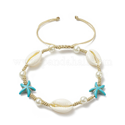 Bracelet de perles tressées en turquoise synthétique (teinte), en coquillage naturel et en perles de verre, bracelet réglable thème océan pour femme, blanc, diamètre intérieur: 2-1/8~3-3/8 pouce (5.5~8.5 cm)