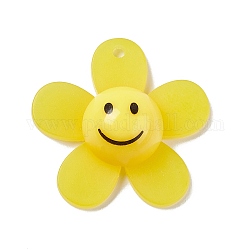 Anhänger aus mattiertem, durchscheinendem Acryl, sonnenblume mit lächelndem gesichtszauber, Gelb, 29x30x9 mm, Bohrung: 1.8 mm