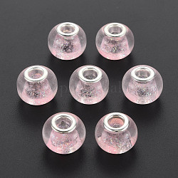 Verre transparent perles européennes, perles de rondelle avec grand trou , avec des paillettes scintillantes et des doubles noyaux en laiton ton platine, rose, 14x10mm, Trou: 5mm
