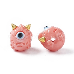 Perlas de resina opaca de halloween, con cuernos de aleación de tono dorado, monstruo de un solo ojo, rosa, 13x10.5x12mm, agujero: 1.8 mm