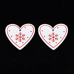 Pendentifs en bois peints à la bombe sur le thème de noël, imprimé sur une seule face, coeur avec flocon de neige, blanc, 48x50x2.5mm, Trou: 2mm