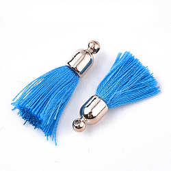Décorations de pendentif pompon en polyester, avec des accessoires en plastique CCB, or clair, Dodger bleu, 25~30x6mm, Trou: 1.5mm