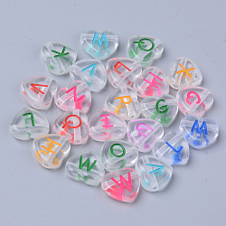 Perles en acrylique transparente, trou horizontal, coeur avec des lettres aléatoires, couleur mixte, 10.5x11.5x4mm, Trou: 1.8mm