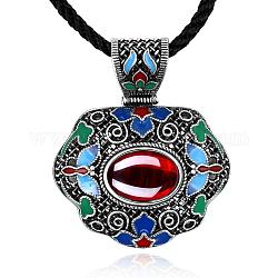National Style Necklaces Antique Silver Plated Brass Corundum Gemstone Pendant Necklaces, with Enamel, Longevity Lock, Red, 18 inch