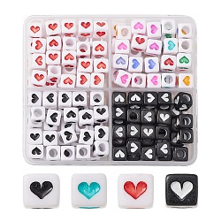 160pcs 4 perles acryliques opaques de style, cube avec le coeur, couleur mixte, 6~6.5x6x6mm, Trou: 3~3.5mm, 40 pièces / style
