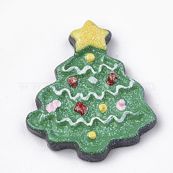 Cabochons en résine opaque, avec des poudres de paillettes, arbres de Noël, verte, 24.5x21x3mm